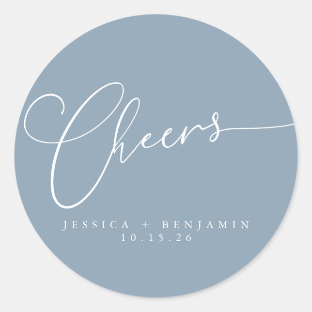 Cheers Minimalistisch Dusty Blue Script Custom Wed Runder Aufkleber (Vorderseite)