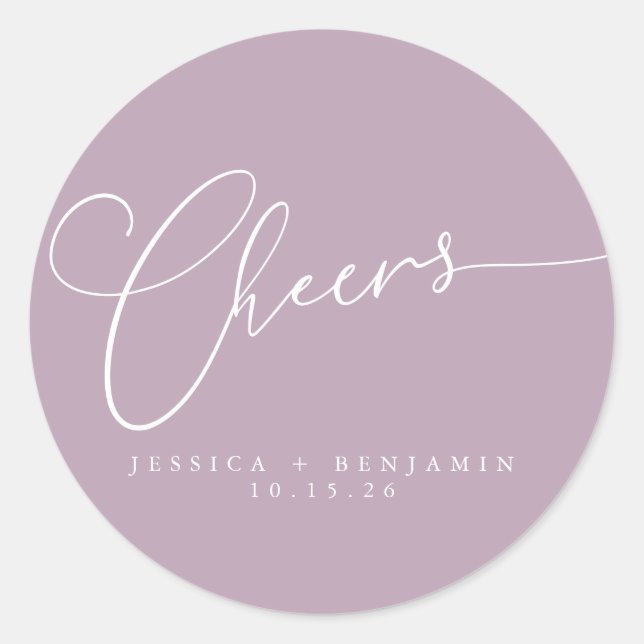 Cheers Minimalistisch Lilac Script Custom Wedding Runder Aufkleber (Vorderseite)