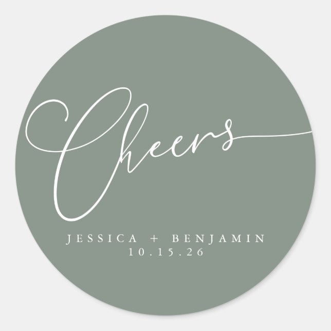 Cheers Minimalistisch Sage Script Custom Wedding Runder Aufkleber (Vorderseite)