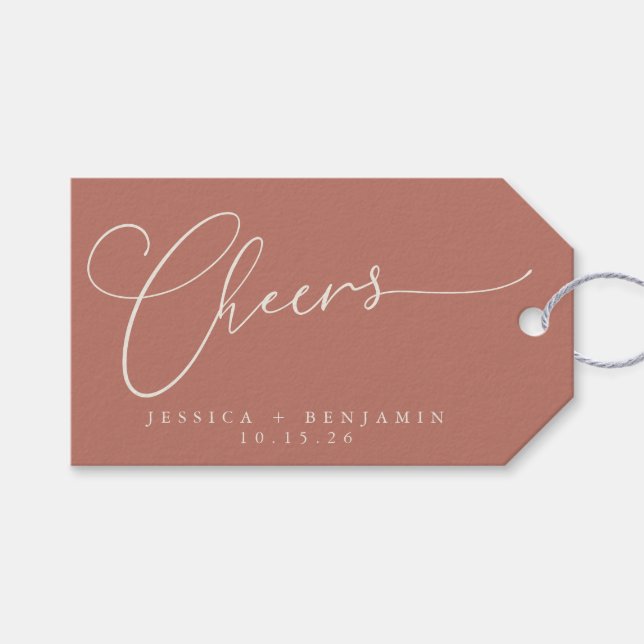 Cheers Minimalistisch Terracotta Script Custom Wed Geschenkanhänger (Vorderseite (Horizontal))