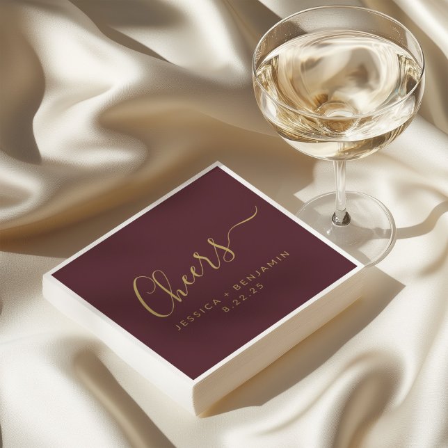 Cheers Minimalistische Burgundy Gold Custom Weddin Serviette (Von Creator hochgeladen)