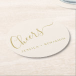 Cheers Minimalistische Ecru und Gold Custom Weddin Runder Pappuntersetzer<br><div class="desc">Personalisiert Cheers Minimalistischer Ecru- und GoldWedding Paper Untersetzer</div>