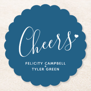 Cheers modern blue and white heart script coasters untersetzer