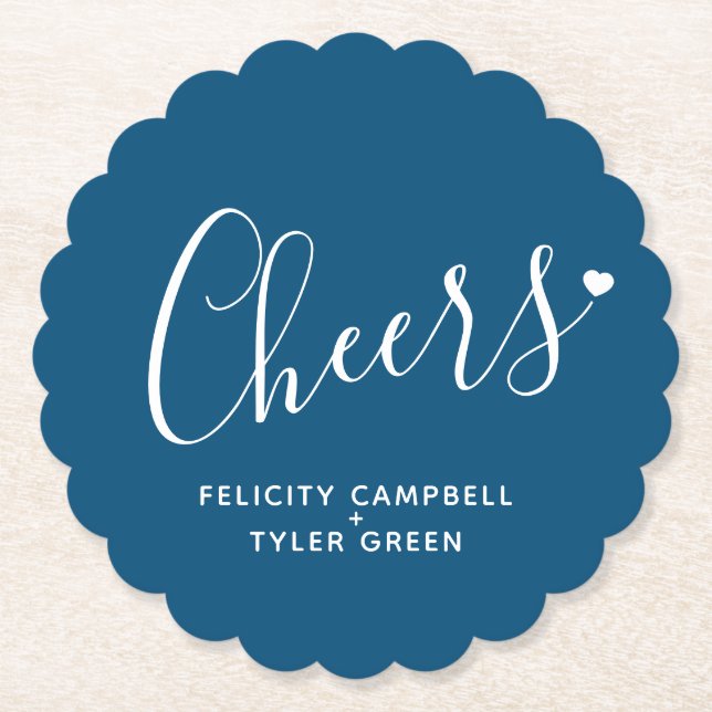 Cheers modern blue and white heart script coasters untersetzer (Vorderseite)