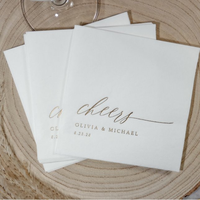 Cheers Modern Elegant Typography Wedding (Elegant personalized gold foil cocktail napkins in modern calligraphy "cheers" design)