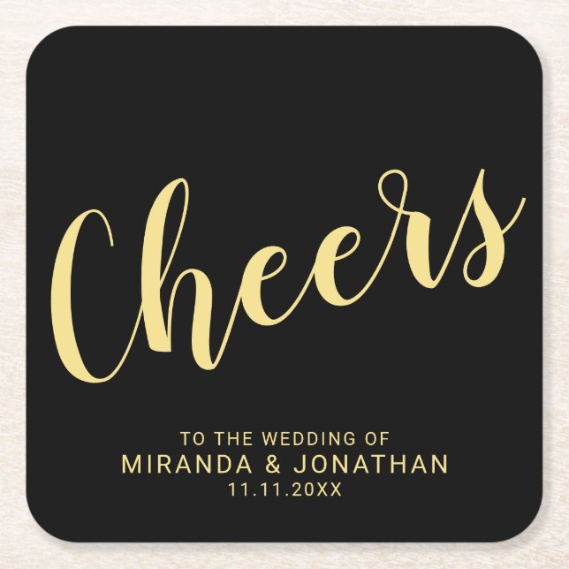 'Cheers' Moderne Script Black and Gold Wedding Rechteckiger Pappuntersetzer (Vorderseite)