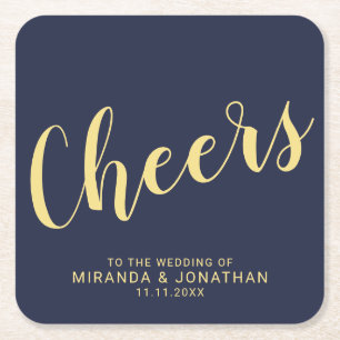 'Cheers' Moderne Skripte Hochzeit von Navy Blue un Rechteckiger Pappuntersetzer