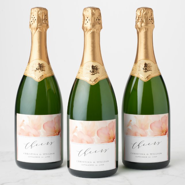 Cheers Moderne Wasserfarben Peach Blume Hochzeit (Flaschen)