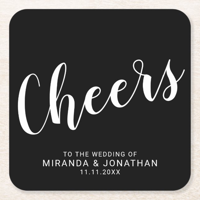'Cheers' Modernes Script Black Wedding Rechteckiger Pappuntersetzer (Vorderseite)