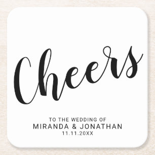 'Cheers' Modernes Script Schwarz und Weiß Hochzeit Rechteckiger Pappuntersetzer