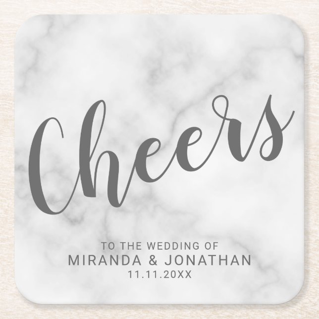 'Cheers' Modernes Script White Marble Wedding Rechteckiger Pappuntersetzer (Vorderseite)