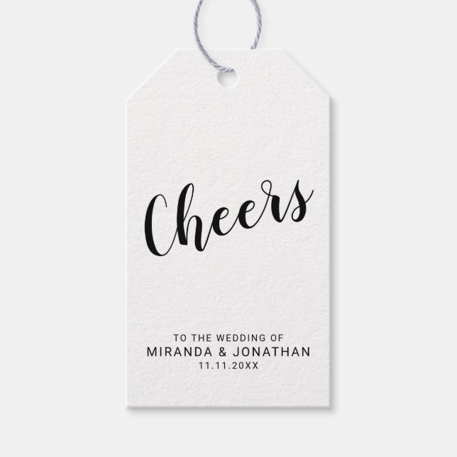 'Cheers' Modernes Skript Hochzeit Wein-Geschenketi Geschenkanhänger (Vorderseite)