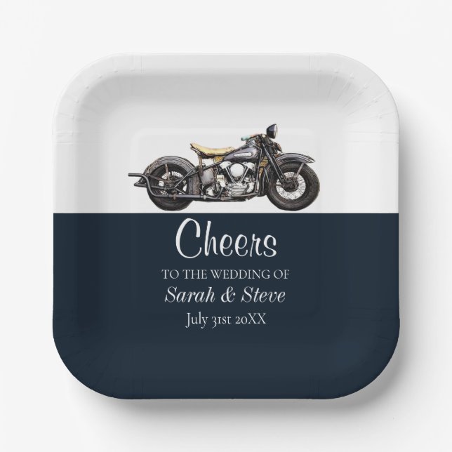 Cheers Motorrad Vintage Hochzeit Datum Brauerei Pappteller (Vorderseite)