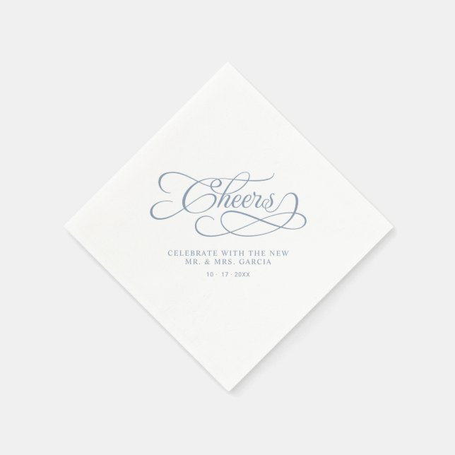Cheers Mr & Mrs Wedding Calligraphy Dusty Blue Serviette (Ecke)