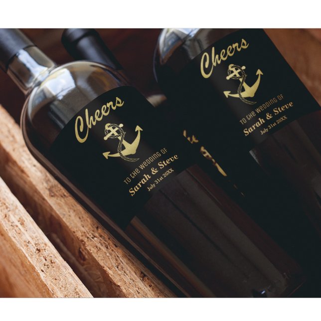 Cheers Nautical Wedding Gold und Black Wine Labels Weinetikett (Von Creator hochgeladen)