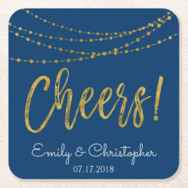 Cheers Navy Blue and Gold Foil String Lights Rechteckiger Pappuntersetzer