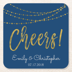 Cheers Navy Blue and Gold Foil String Lights Rechteckiger Pappuntersetzer