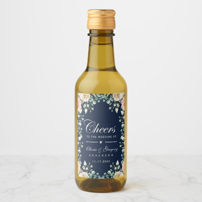 Cheers Navy Blue Pink Blumenwein Label Weinetikett (Vorderseite)