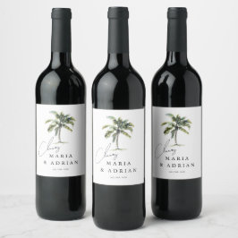Cheers! Palm Tree Tropical Beach Wedding Weinetikett