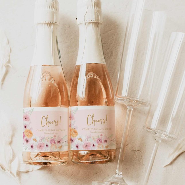 Cheers Pink Floral Brautparty (Elegant Pink floral Cheers Mini Champagne label )
