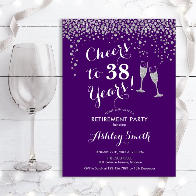  Cheers Retirement Party Invitation Purple Silver Einladung (Von Creator hochgeladen)