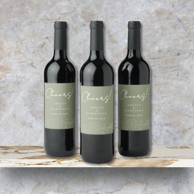 Cheers Sage Green Elegant Blumenhochzeit Weinetikett (Cheers Sage Green Elegant Floral Wedding Wine Bottle Label with Couple Names, Wedding Date.)