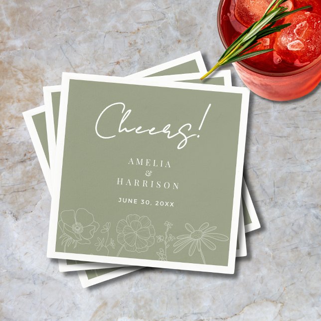 Cheers Sage Green Elegante Blumenstrauß Art Weddin Serviette (Cheers Sage Green Elegant Floral Line Art Wedding Cocktail Napkin with Couple Names, Date.)