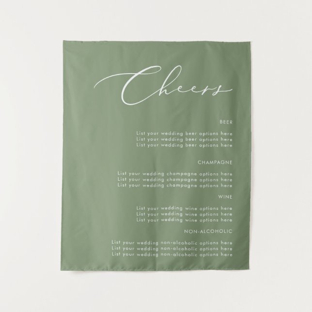 Cheers Sage Green Wedding Drinks Fabric Sign Wandteppich (Vorderseite)