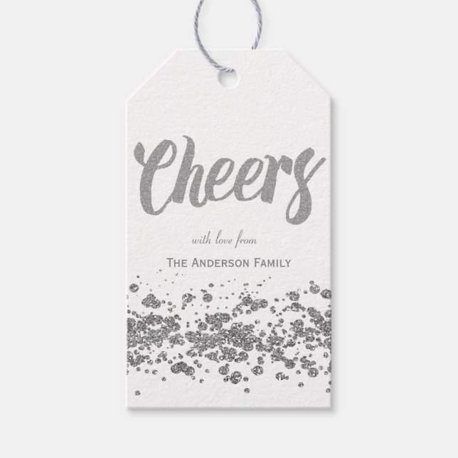 Cheers silberne Glitzer Geschenketiketten Geschenkanhänger (Vorderseite)