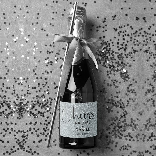 Cheers SILVER Imitats Glitzer Wedding Mini (Silver faux glitter mini champagne wedding bottle label for favors or serve to guests)