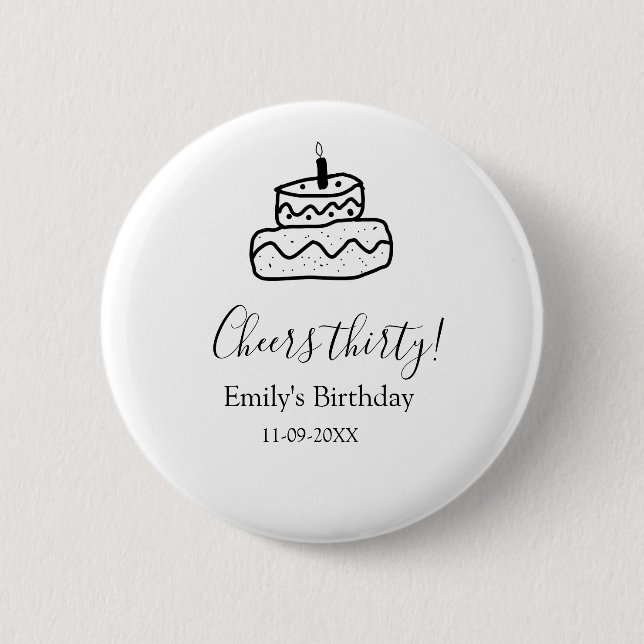Cheers thirty birthday cake black scribble hand button (Vorderseite)