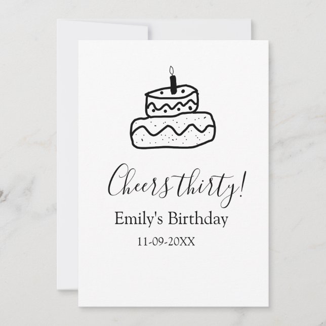 Cheers thirty birthday cake black scribble hand einladung (Vorderseite)