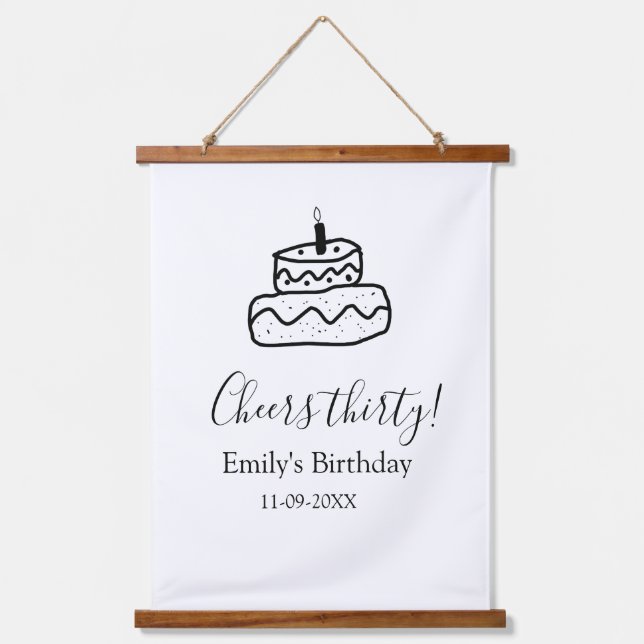 Cheers thirty birthday cake black scribble hand wandteppich mit holzrahmen (Vorderseite)