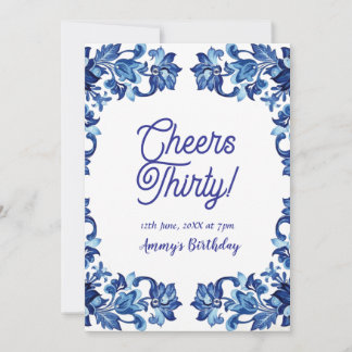 Cheers thirty birthday royal blue floral border na einladung