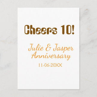 Cheers to 10th wedding anniversary brown orange  postkarte