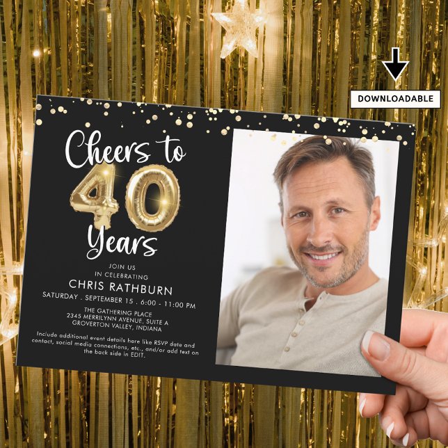 Cheers to 40 Jahre Foto Script Balloon Confetti Einladung (Von Creator hochgeladen)