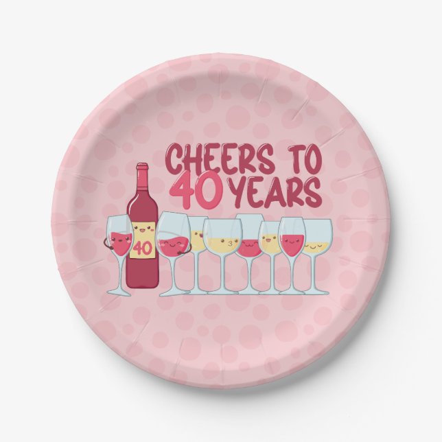 Cheers to 40 Jahre Wein Thema Kawaii Stil Pappteller (Vorderseite)