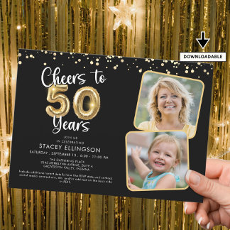 Cheers to 50 Years2 Fotos Script Balloon Confetti Einladung