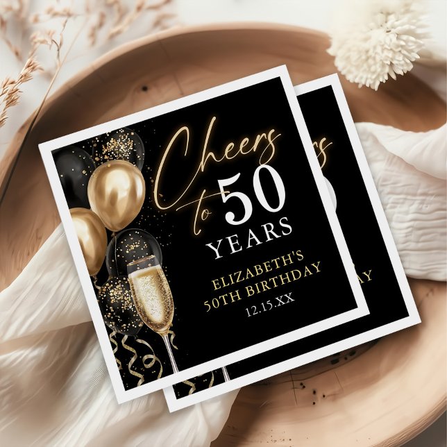 Cheers To 50 Years Black and Gold Balloons Serviette (Von Creator hochgeladen)