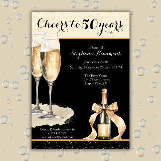Cheers to 50 Years Black Champagne Birthday Einladung