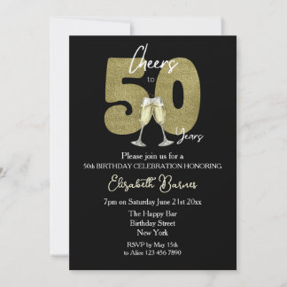 Cheers To 50 Years Black Gold Birthday Party Einladung