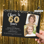 Cheers to 60 Years 2 Foto Script Balloon Confetti Einladung<br><div class="desc">Feiern Sie einen 60. Geburtstag mit diesen eleganten und festlichen Party Einladungen mit dem Titel CHEERS TO 60 YEARS mit Imitaten metallische Goldballonnummern und moderne Drehtypografie, 2 Fotos und Goldschläuche und Konfetti in Ihrer Wahl der Hintergrundfarbe (in schwarz dargestellt). HILFE: Für Hilfe bei der Modifikation oder Personalisierung des Designs, bei...</div>