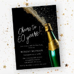 Cheers to 60 Years Champagne Flasche Geburtstag Einladung<br><div class="desc">Perfekte Einladung zum 60. Geburtstag für einen Mann oder eine Frau. Eine offene Champagnerflasche mit ausbrechenden Blasen schafft ein festliches Design. Die Feier bis 60 Jahre ist in einem modernen und trendigen Drehbuch geschrieben. Die Geburtstagsdetails folgen weiter unten. Der weiße Text Pop vor dem schwarzen Hintergrund. Der gesamte Text kann...</div>