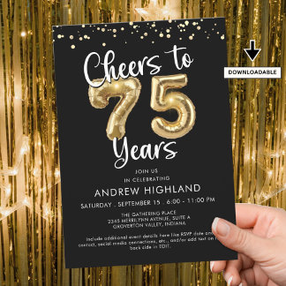 Cheers to 75 Years Gold Ballon Zahlen Black Einladung