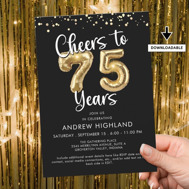 Cheers to 75 Years Gold Ballon Zahlen Black Einladung (Von Creator hochgeladen)