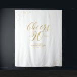 Cheers to 90 years, Gold 90th Birthday Party Wandteppich<br><div class="desc">This modern tapestry is perfect for a chic gold color theme 90th birthday party. Your guest will enjoy taking a foto with this sophisticated party backdrop and remember your special day. The Design feature golden typography "Cheers to 90 years" and sparkle graphics. You can personalize the name, event, and date...</div>