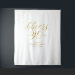 Cheers to 90 years, Gold 90th Birthday Party Wandteppich<br><div class="desc">This modern tapestry is perfect for a chic gold color theme 90th birthday party. Your guest will enjoy taking a foto with this sophisticated party backdrop and remember your special day. The Design feature golden typography "Cheers to 90 years" and sparkle graphics. You can personalize the name, event, and date...</div>