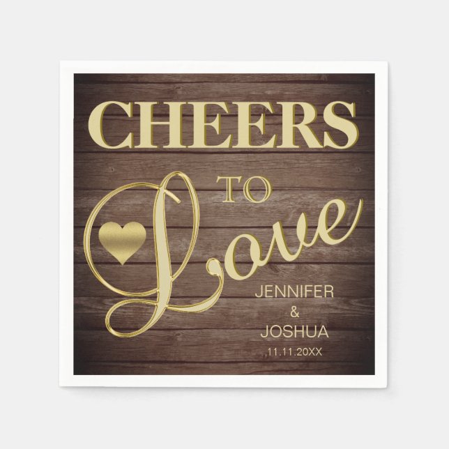 CHEERS TO LIEBE Rustic Barnwood Heart Gold Wedding Serviette (Vorderseite)