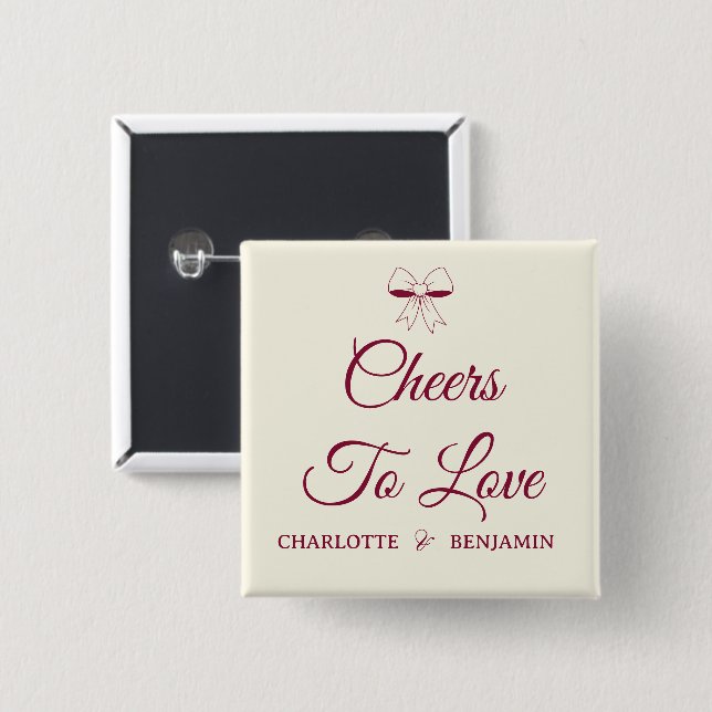 Cheers To Love Burgundy Script Ivory Bow Wedding Button (Vorne & Hinten)