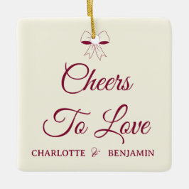Cheers To Love Burgundy Script Ivory Bow Wedding Keramikornament